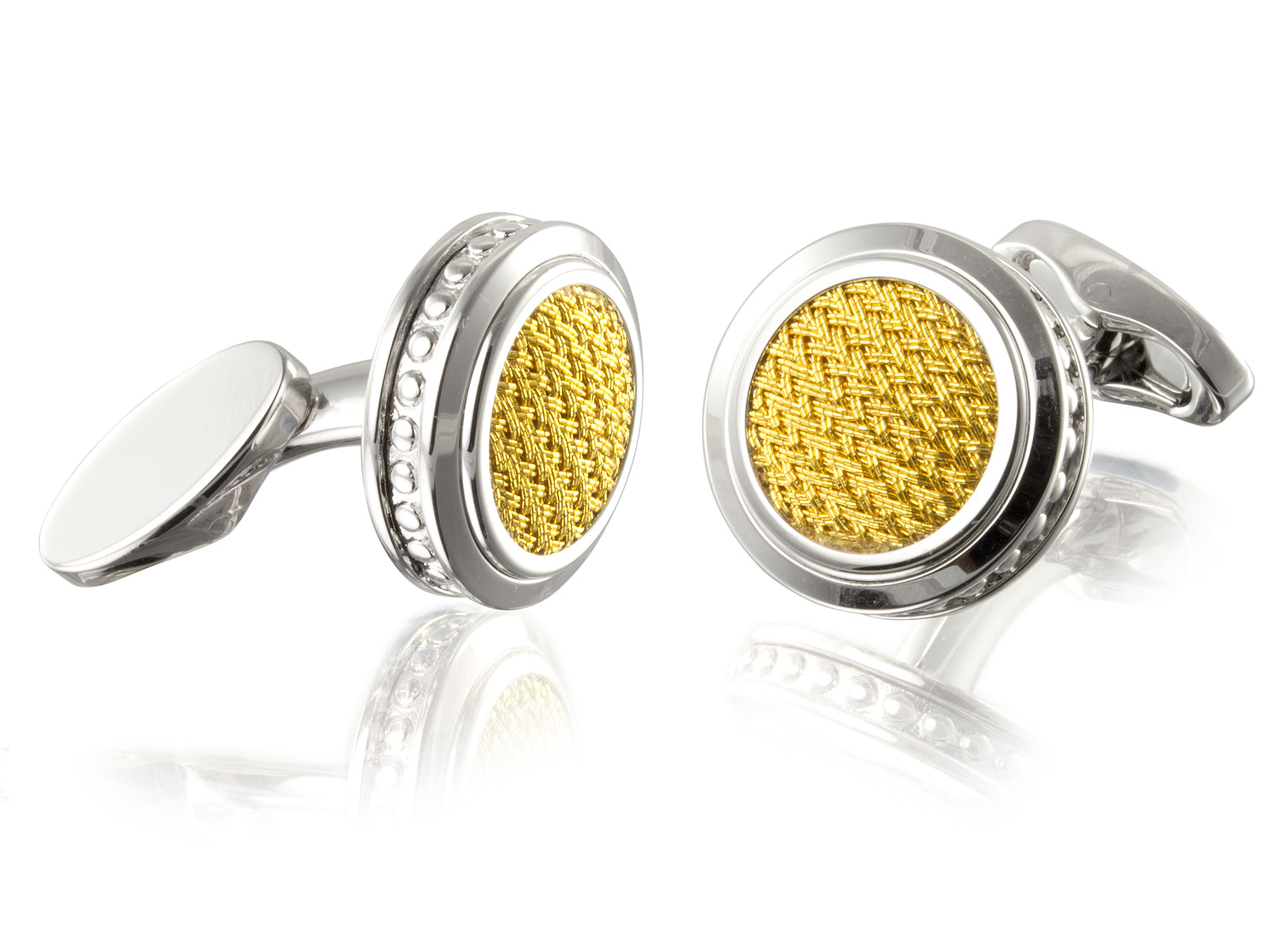 Palladium plated round cufflinks with gold thread inlay