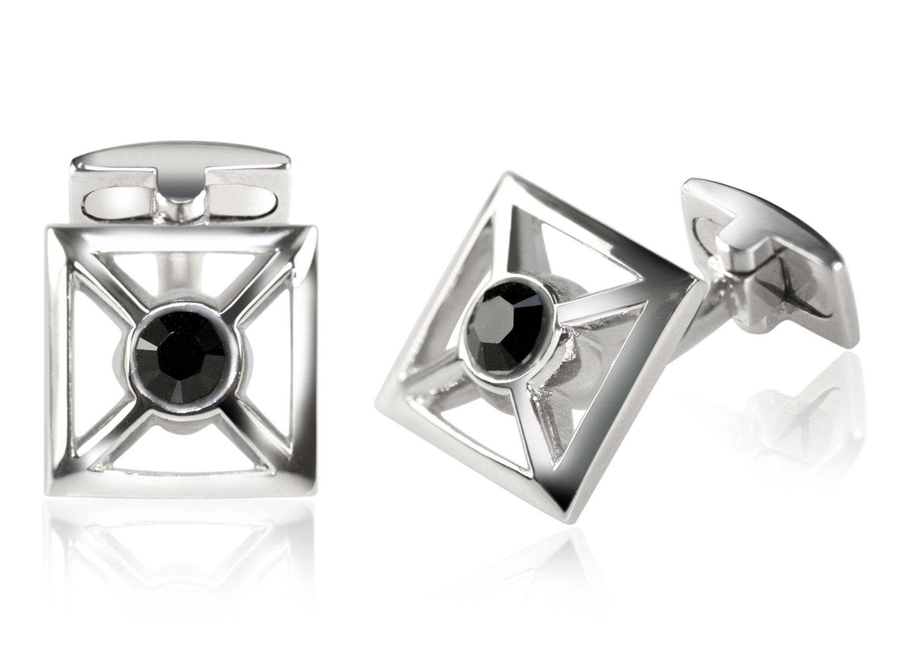A pair of Palladium Square Stamped Cufflinks with Onyx Crystal.