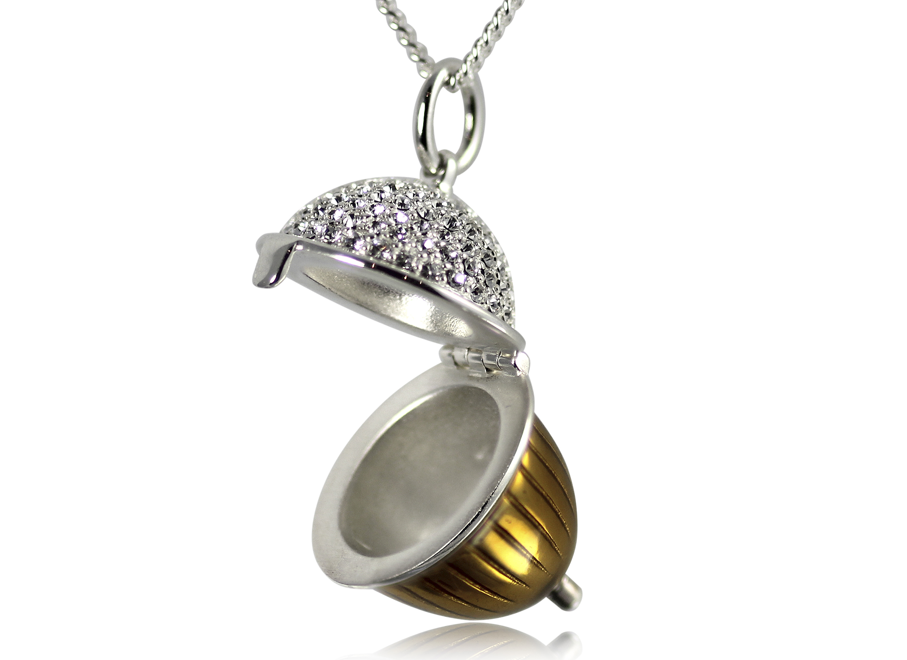 Sterling Silver Acorn Pendant With Antique Gold Enamel And Crystal Decoration